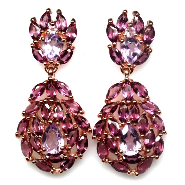 Pierre Précieuse Violacé Rose Grenade Rhodolite & Améthyste Boucles 925 Argent