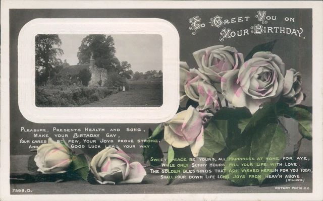 real photo Birthday floral inset cottage photo rotary