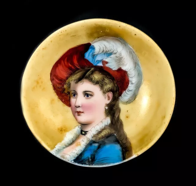 Antique German KPM porcelain small bowl miniature plaque portrait lady in hat