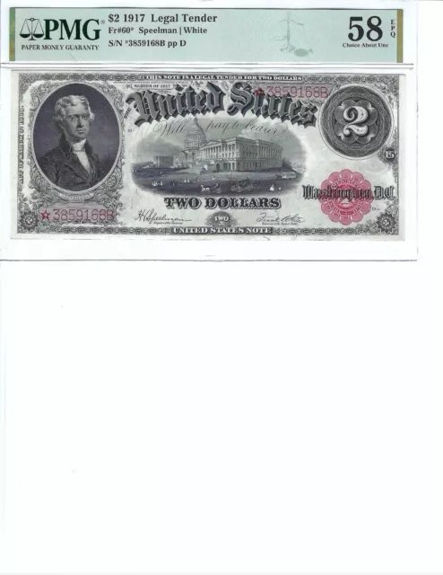 1917 $2 Legal Tender FR60* PMG 58 CH AU EPQ, Star Note!!!