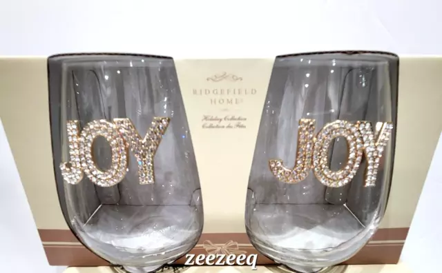 Christmas Ridgefield Home JOY Rhinestone Gold Stemless Wine Glasses Set of 2