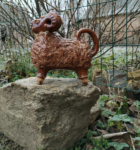 Vintage Handmade Pottery Ceramic Brown Glaze Figurine Miniature Sheep 60s