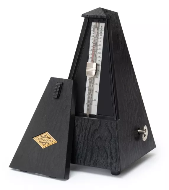 Edles, mechanisches Metronom in Pyramidenform mit Glocke in Schwarz Holzoptik