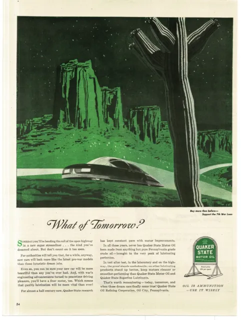 1945 Quaker State Motor Oil Futuristic Car in Desert Night WWII 7th War Loan Ad