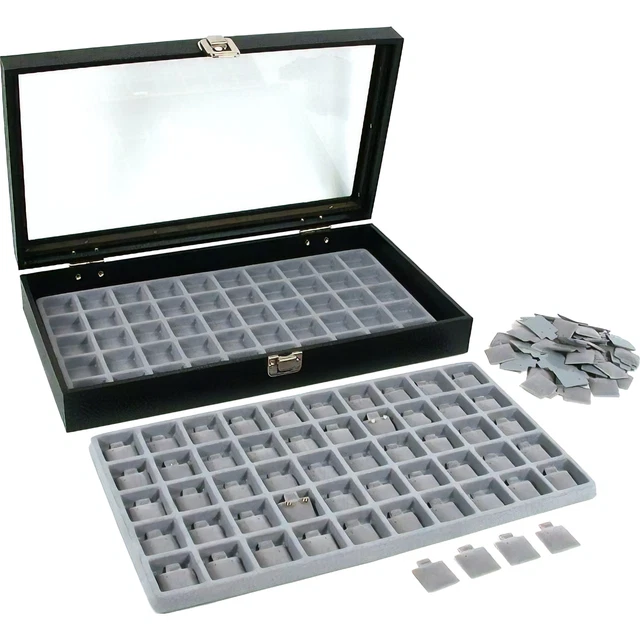 100 14K Gold Puff Earring Cards Display Glass Lid Case