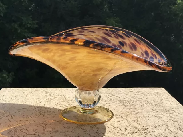 Large Art Glass Bowl Centerpiece Vintage Swung Flowing Freeform Tortoise Shell