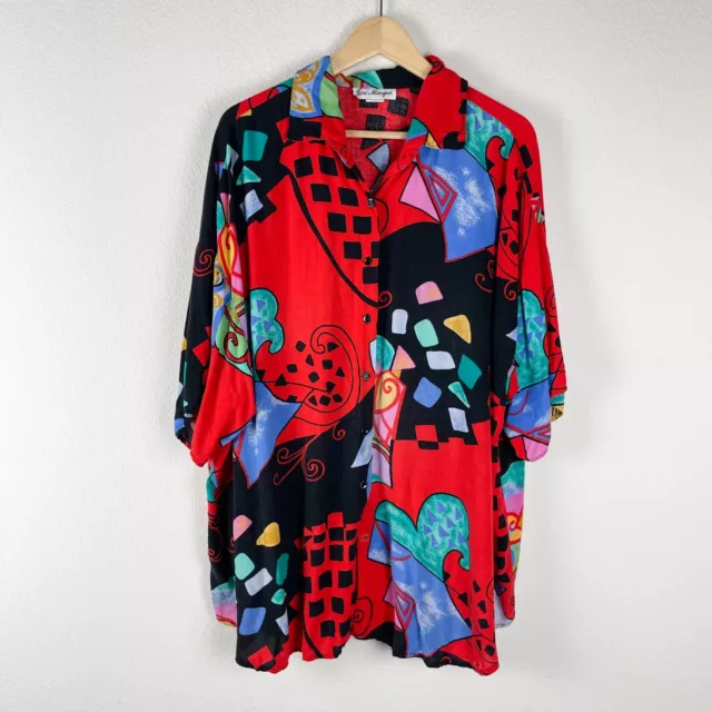 Vintage Jeri Marque Top Womens 4X Red Blouse Short Sleeve Abstract Pop 80s Relax