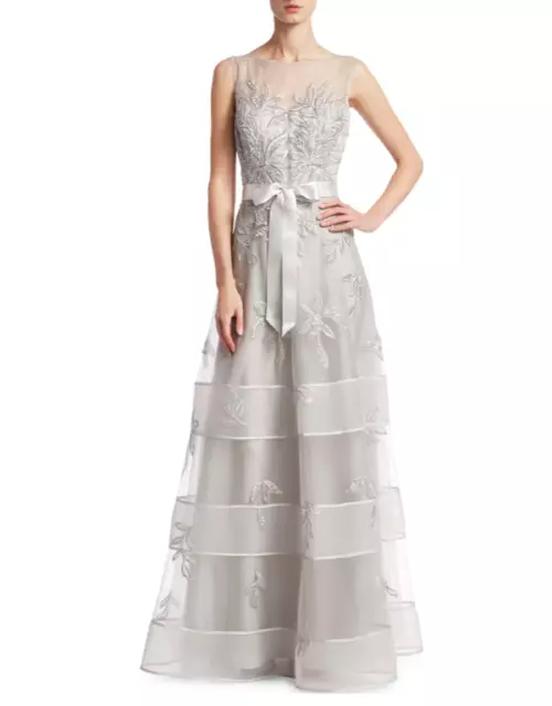 Teri Jon by Rickie Freeman Embroidered Floral Tulle Gown (Size 2)