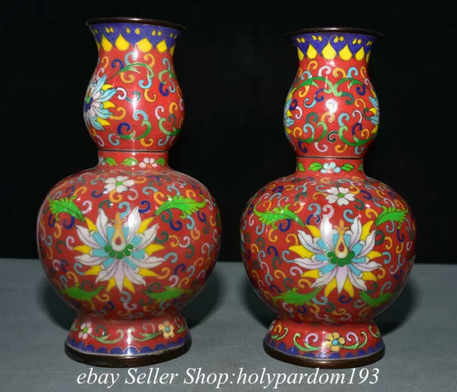 10" Marked Old Chinese Bronze Cloisonne Dynasty Flower Bottle Vase Pair Statue