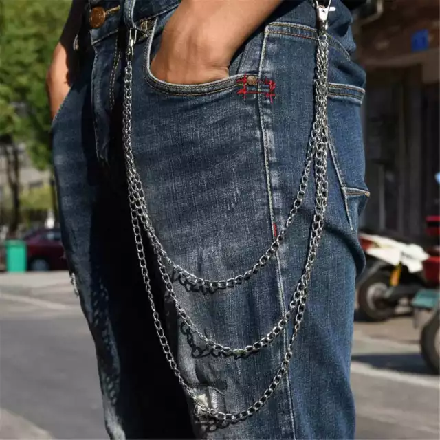 3 Layers Punk Metal Chain Jeans Clip Keyring Waist Belt Trousers Pant Silver