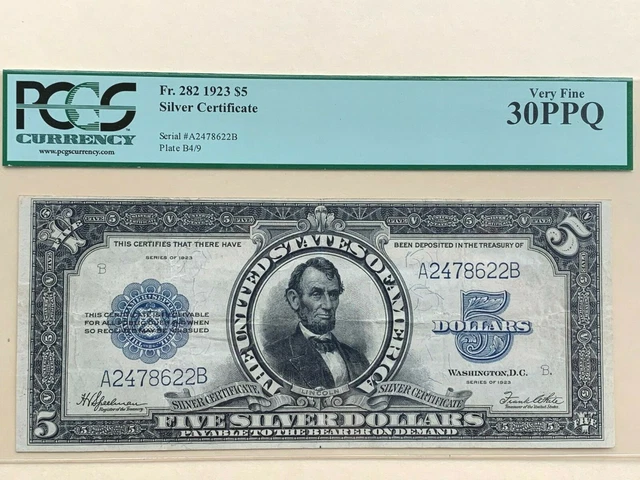 1923 $5 United States Silver Certificate PCGS 30 PPQ  VF - Fr. 282  PORTHOLE
