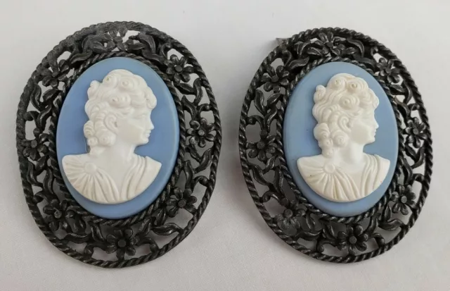 Antique Vintage Cameo Shoe Clips Signed TipToe Pair Set Victorian Revival Floral