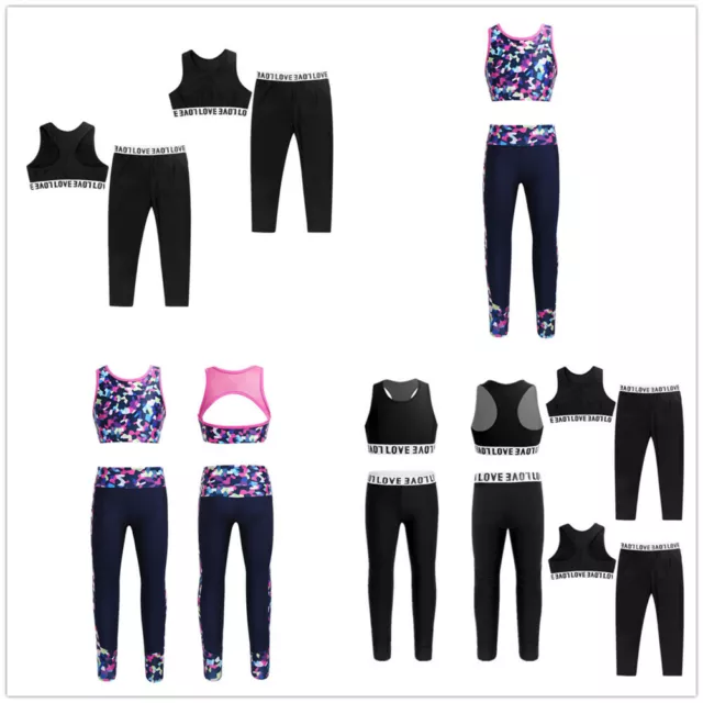 2PCS Kids Girls Dancewear Outfit Sleeveless Top + Leggings Set Gymnastics Outfit