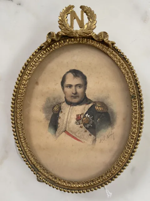 Early 19th century French Gilt Napoleon "N" Oval frame with hand colored print