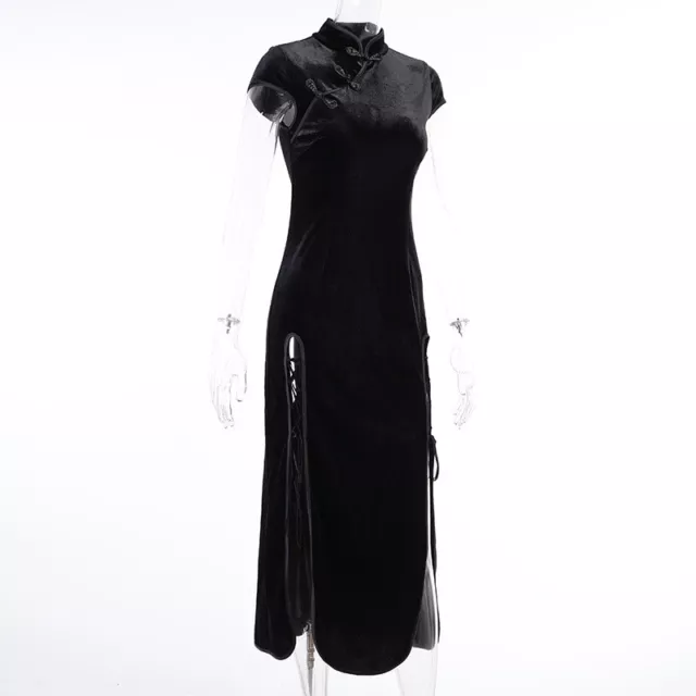 Women Chinese Cheongsam Black Qipao Long Dress Mandarin Collar Velvet Gothic