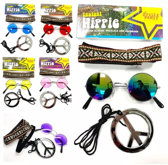 Hippy Fancy Dress Set Round 1960's Glasses 8 Designs Fun Peace Necklace Hippie