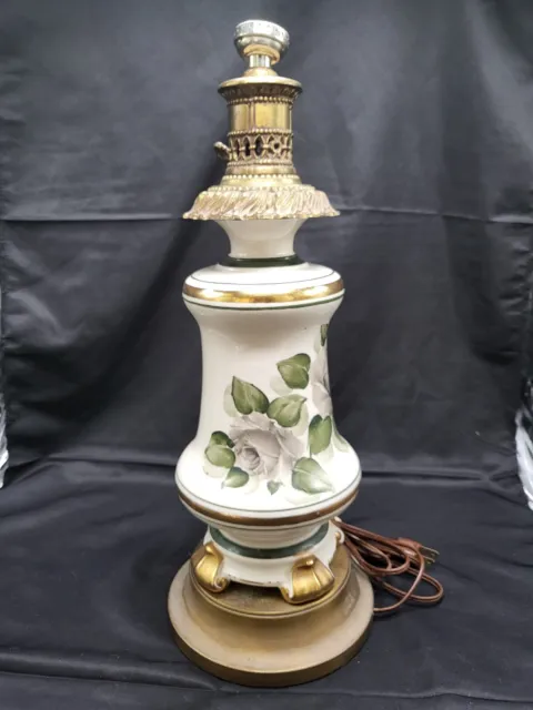 Vintage Signed Electric Ceramic Brass White Rose Lamp No Shade 17.5 Inches