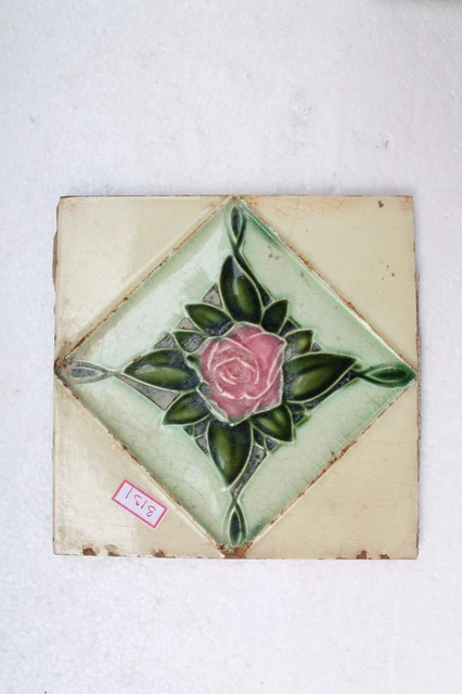 Antique Rose Flower Engrave Nouveau Art Majolica Ceramic Tiles Japan Made NH3131 9