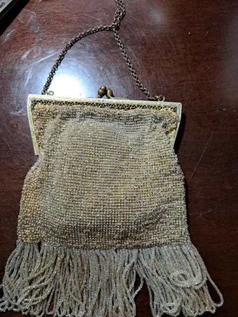 Vintage Antique Gold Tone Beaded Bag French Purse Art Nouveau Art Deco 1900s
