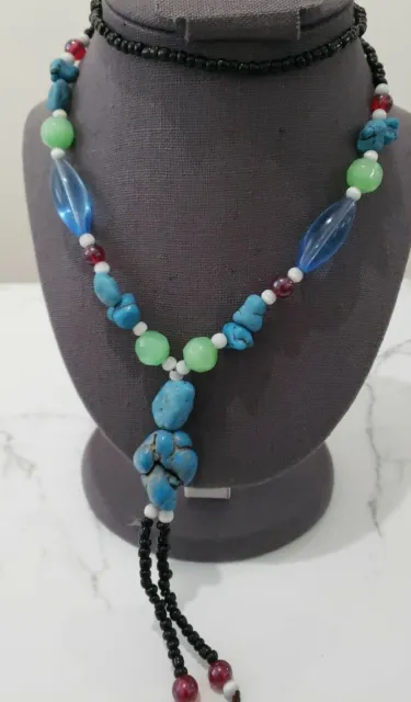 Vintage Artisan Handcrafted Beads and Stones Necklace Long