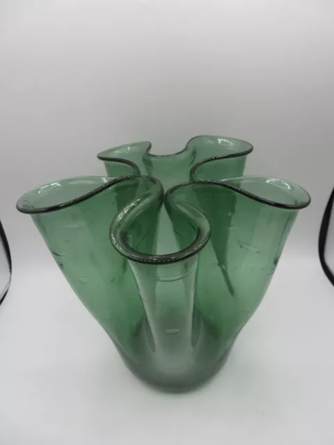 Large Green Hand Blown Controlled Bubbles Handkerchief Ruffled Art Glass Vase