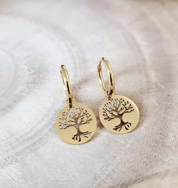 Boucles d'oreilles anneaux arbre de vie acier inoxydable plaqué or pour femme 3