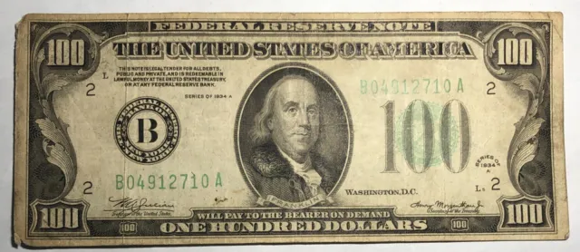 1934A green seal $100 bill. Federal Reserve Note B New York Fine FR-2153B #20