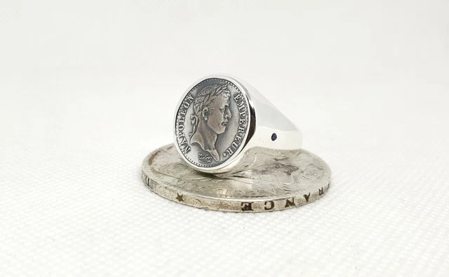 Bague Chevalière Argent Avec Pièce Napoléon 1er - Acier Inoxydable Et Argent Massif, Neuve (boîte Cadeau Offerte)