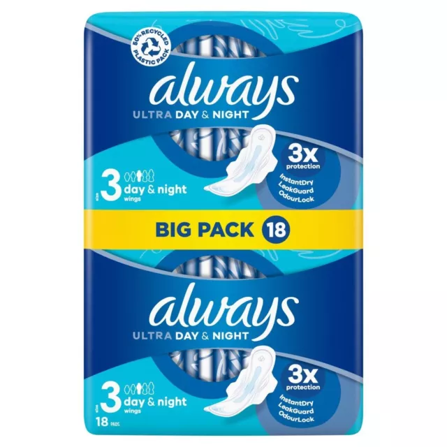 Always Ultra Night Sanitary Towels Pads Size 3 Wings Womens Pack of 18 x2 pack