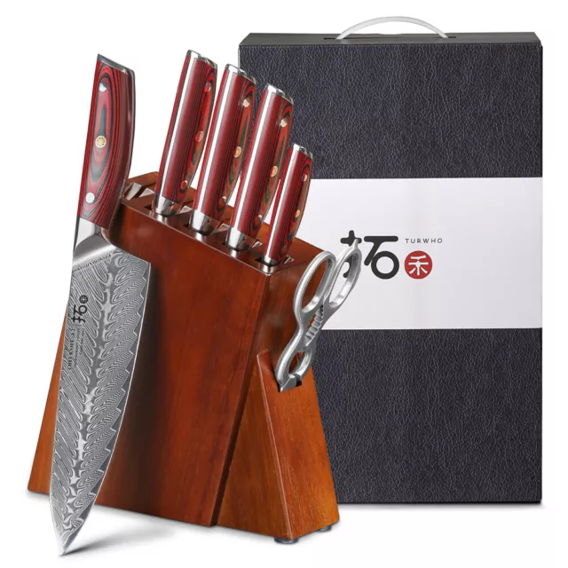 7x TURWHO Kitchen Chef Knife Shears Japanese VG10 Damascus Steel Knife Block Set