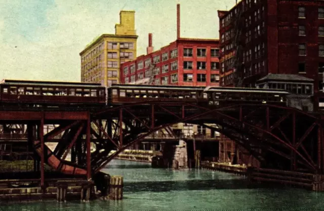 1910 ELEVATED RR JACKKNIFE BRIDGE CHICAGO RIVER IL TRAIN CROSSING Postcard P19