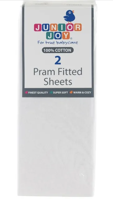 Junior Joy 2 Pram Fitted Sheets White 50X80cm 100% cotton New(2 Sheets In Pack)