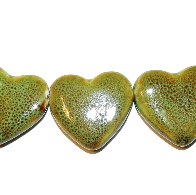 CPC155 Light Honey Brown & Pale Green 32mm Flat Puffed Heart Porcelain Beads 8"