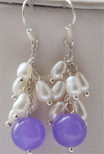 10mm Violet jade white pearl Grapes Shaped Earring-Silver Hook