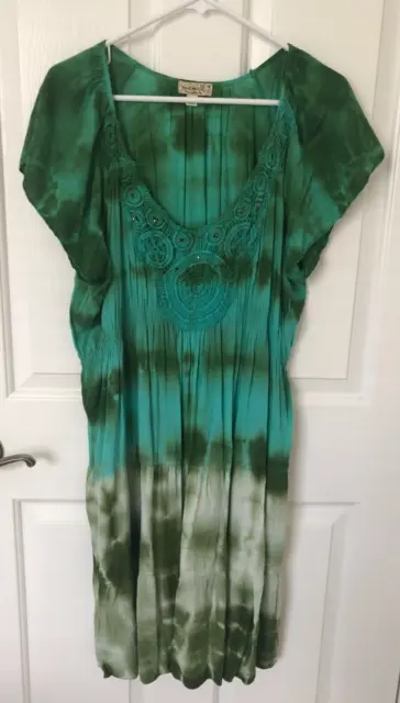 One World Dress Size 1X Womens BOHO Green Dark Light Tie Dye Scoop Neck