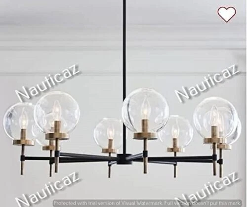 Mid Century Modern Globe Chandelier Brass Antique & Matte Black Industrial Decor