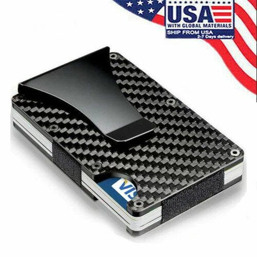 RFID Blocking Slim Money Clip Mens Carbon Fiber Credit Card Holder Metal Wallet