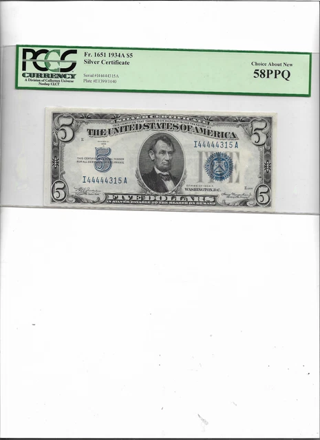 SILVER CERTIFICATE  FR. 1651  1934A  $5 BLOCK i-A CHOICE ABOUT NEW 58PPPQ