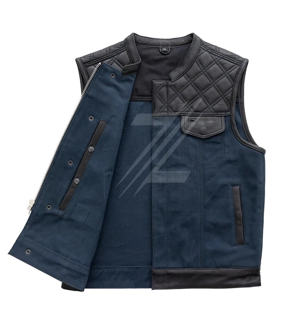Men's Motorcycle Cowhide Blue Canvas Leather Vest Diamond Quilted Bikers Vest