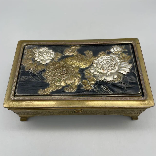 SHISHI LION Engraving Metal Box Accessory Case 6.3 inch MEIJI Japanese Antique