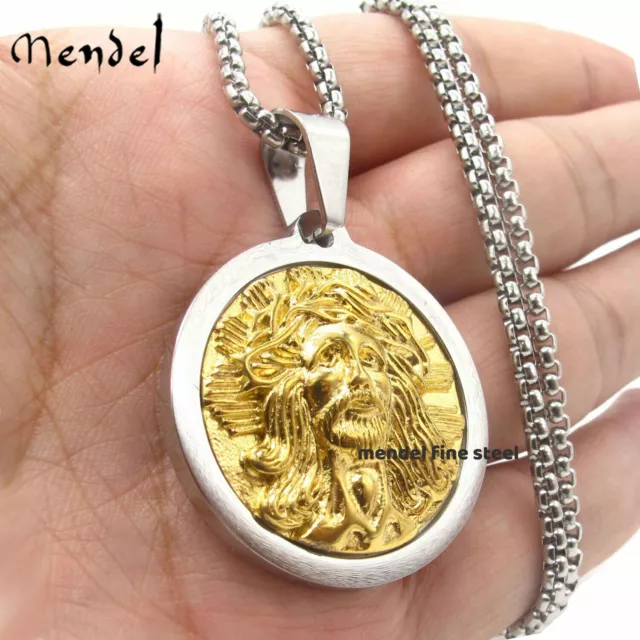 MENDEL Mens Gold Plated Jesus Head Face Pendant Necklace Stainless Steel For Men