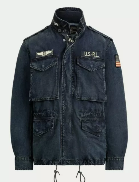 POLO RALPH LAUREN Mens Navy Big & Tall USA Military Patch Denim Field Jacket NWT