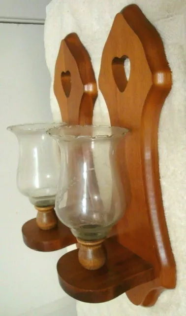 Set of 2 Wood Wall Sconce Candle Holder w/ Glass Shade 15” Heart Shape Hole