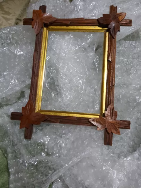 Antique Picture Frame Rustic Carved Leaves Inner Gold Frame No Back Clear Glass