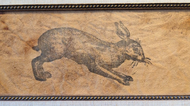 Primitive CountrFramed Rusty Cloth Art Bunny Rabbit Stampede Picture Handcrafted