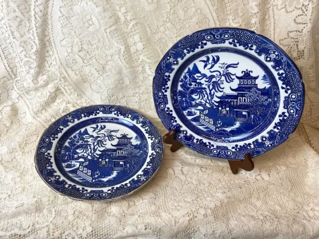 2 -10 1/4" Blue Willow Burleigh Ware Dinner Plates gold trim 1"deep LOT4