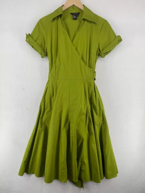 SANDRO Dress 10 M Faux Wrap Fit & Flare Midi Cotton Stretch Cuffed Sleeve Green