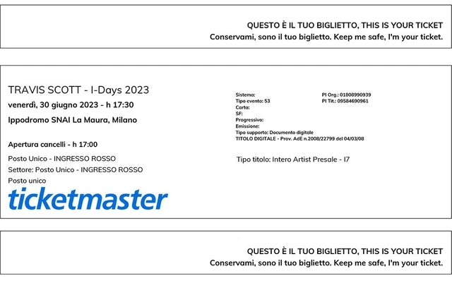 Biglietto Travis Scott - 30/06/2023 - Ippodromo SNAI Milano - Posto Unico ROSSO
