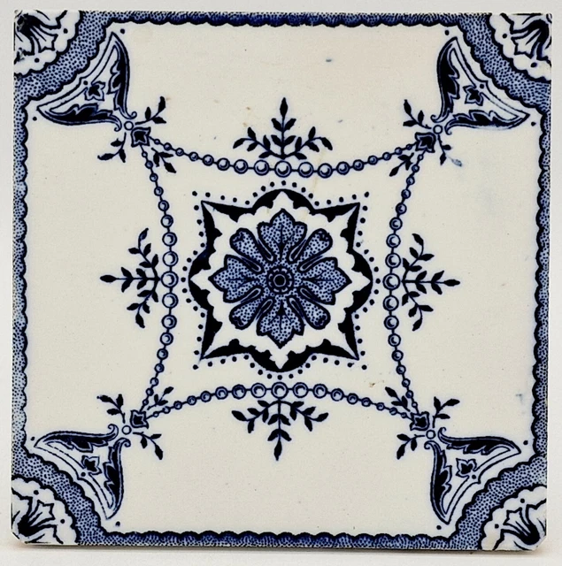 Antique Minton Hollins & Co Tile Aesthetic Movement Blue & White C1885
