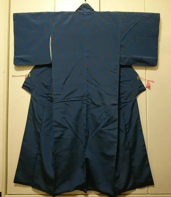 Woman Japanese Kimono Komon Silk Chirimen Dark Blue Black
